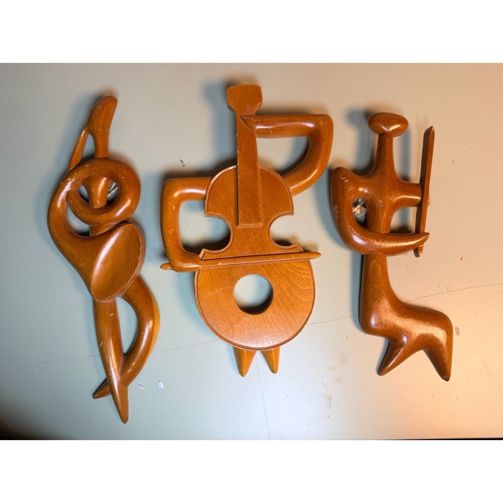 Vintage MCM Wood Musician Wall Art Plaques Set of 3 Scandinavian Style